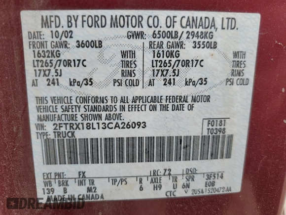 2003 Ford F-150 XL with VIN 2FTRX18L13CA26093, listed as a Copart auction lot 53192245 with 319,417 mi miles and Salvage Title. Bid and sale history available at carsss.com. Image 12.