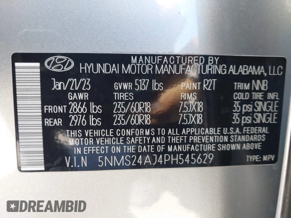 2023 Hyundai Santa Fe SEL with VIN 5NMS24AJ4PH545629, listed as a IAAI auction lot 42157742 with 33,814 mi miles and . Bid and sale history available at DreamBid. Image 9.