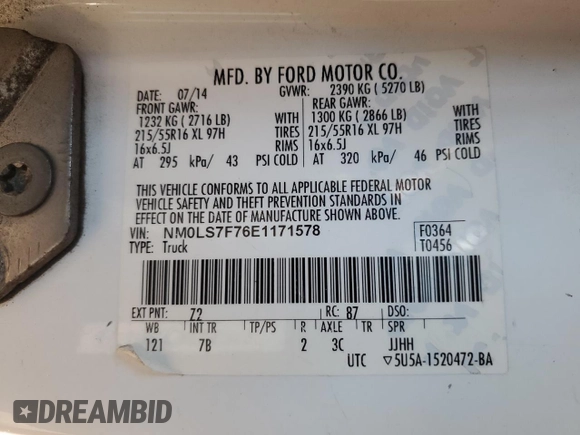 2014 Ford Transit Connect XLT z VIN NM0LS7F76E1171578, wystawiony jako Copart lot #53175105 z przebiegiem 168 655 mil mil oraz Szkoda całkowita • Salvage title. Historia ofert i sprzedaży dostępna na DreamBid. Obrazek 13.
