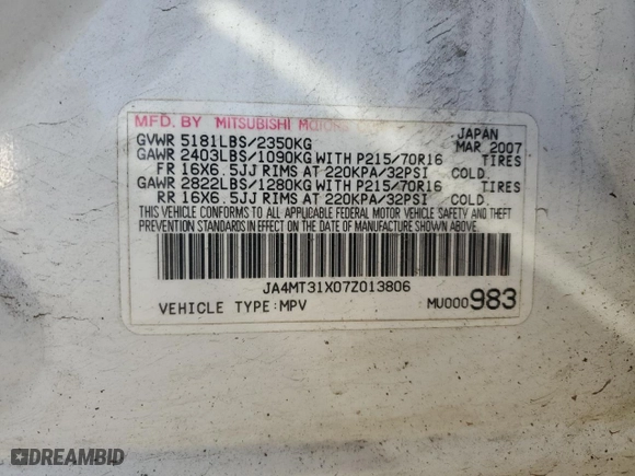 2007 Mitsubishi Outlander LS with VIN JA4MT31X07Z013806, listed as a Copart auction lot 89101575 with 215,953 mi miles and Salvage Title. Bid and sale history available at carsss.com. Image 13.
