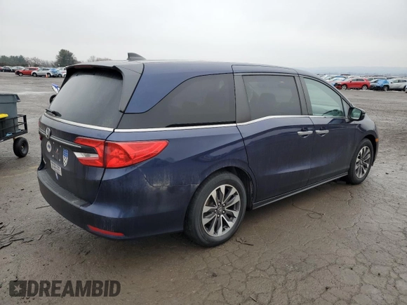 2021 Honda Odyssey EX-L with VIN 5FNRL6H70MB011669, listed as a Copart auction lot 43685815 with 77,542 mi miles and Salvage Title. Bid and sale history available at DreamBid. Image 3.
