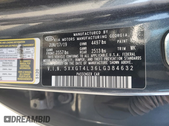 2020 Kia Optima LX with VIN 5XXGT4L36LG384632, listed as a Copart auction lot 65832045 with 95,515 mi miles and Clean title. Bid and sale history available at DreamBid. Image 12.