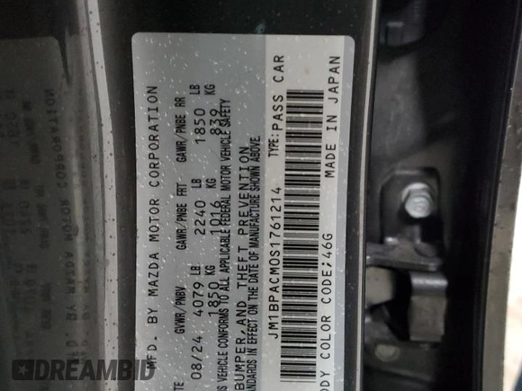 2025 Mazda 3 S Preferred with VIN JM1BPACM0S1761214, listed as a Copart auction lot 88266015 with Not Provided miles and Salvage Title. Bid and sale history available at DreamBid. Image 12.