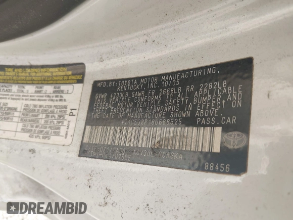 2006 Toyota Solara SE with VIN 4T1CE38P16U688525, listed as a IAAI auction lot 42059067 with 301,238 mi miles and . Bid and sale history available at DreamBid. Image 9.