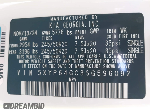 2025 Kia Telluride S with VIN 5XYP64GC3SG596092, listed as a IAAI auction lot 41686012 with 2,539 mi miles and . Bid and sale history available at DreamBid. Image 9.