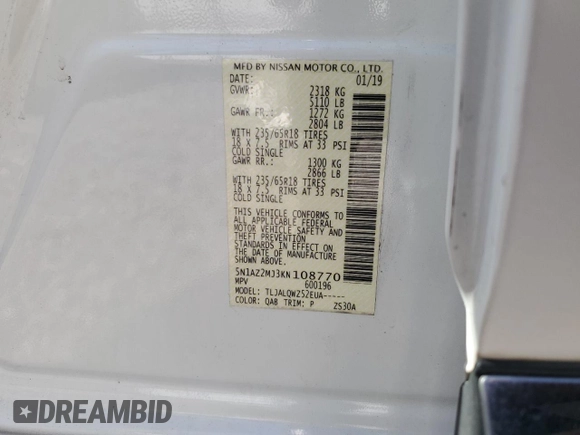 2019 Nissan Murano Platinum z VIN 5N1AZ2MJ3KN108770, wystawiony jako Copart lot #53682545 z przebiegiem 70 653 mil mil oraz Nie do naprawy • Non repairable. Historia ofert i sprzedaży dostępna na DreamBid. Obrazek 13.