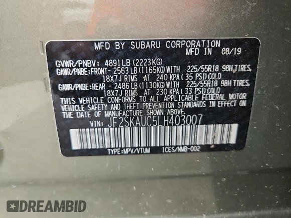 2020 Subaru Forester Limited with VIN JF2SKAUC5LH403007, listed as a Copart auction lot 64025555 with 69,042 mi miles and Salvage title. Bid and sale history available at DreamBid. Image 13.