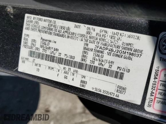 2016 Ford Fiesta SE with VIN 3FADP4BJ2GM198037, listed as a Copart auction lot 47956155 with 186,122 mi miles and Salvage Title. Bid and sale history available at carsss.com. Image 14.