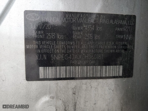 2020 Hyundai Sonata SE with VIN 5NPEG4JAXLH060181, listed as a Copart auction lot 50268805 with 57,616 mi miles and Salvage Title. Bid and sale history available at carsss.com. Image 12.