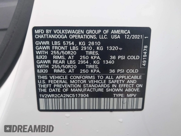 2022 Volkswagen Atlas SE with VIN 1V2WR2CA2NC517904, listed as a IAAI auction lot 42110920 with 34,799 mi miles and . Bid and sale history available at DreamBid. Image 9.