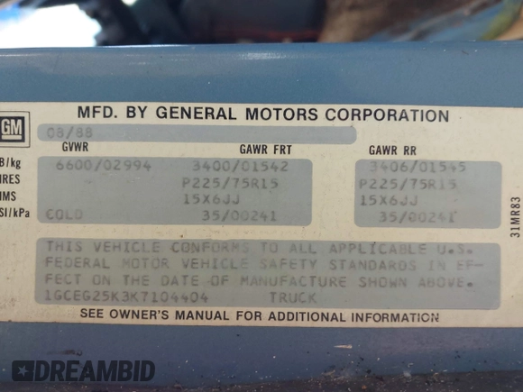 1989 Chevrolet Chevy Van z VIN 1GCEG25K3K7104404, wystawiony jako IAAI lot #42266335 z przebiegiem 96 272 mil mil oraz . Historia ofert i sprzedaży dostępna na DreamBid. Obrazek 9.