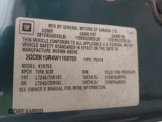 1998 Chevrolet Silverado 1500 with VIN 2GCEK19R4W1168700, listed as a IAAI auction lot 42083892 with 227,887 mi miles and . Bid and sale history available at DreamBid. Image 9.