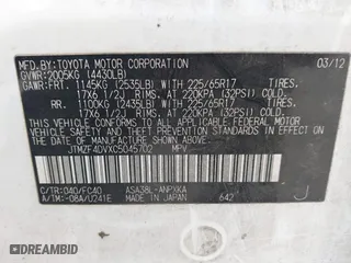 2012 Toyota RAV4 with VIN JTMZF4DVXC5045702, listed as a IAAI auction lot 41706309 with 232,564 mi miles. Bid and sale history available at carsss.com. Image 9.