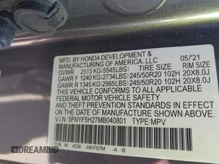 2021 Honda Pilot Special Edition with VIN 5FNYF5H27MB040801, listed as a IAAI auction lot 41656669 with 54,764 mi miles and . Bid and sale history available at DreamBid. Image 9.