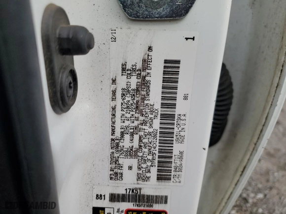 2012 Toyota Tundra 2WD Truck with VIN 5TFRY5F14CX120022, listed as a Copart auction lot 88143145 with 168,688 mi miles and Salvage Title. Bid and sale history available at carsss.com. Image 12.