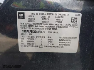 2012 Chevrolet Equinox LT w/2LT with VIN 2GNALPEK1C6383576, listed as a IAAI auction lot 41756085 with 184,166 mi miles. Bid and sale history available at carsss.com. Image 9.