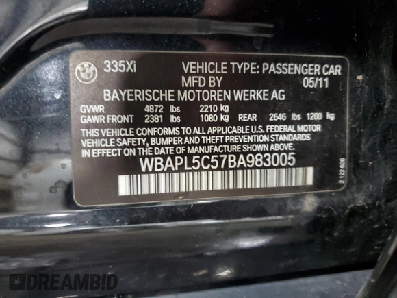 2011 BMW 3 Series 335i xDrive with VIN WBAPL5C57BA983005, listed as a Copart auction lot 48710385 with 85,344 mi miles and Salvage title. Bid and sale history available at DreamBid. Image 13.