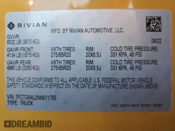 2022 Rivian R1T Launch Edition z VIN 7FCTGAAL2NN011755, wystawiony jako Copart lot #81940684 z przebiegiem Nie podano mil oraz Szkoda całkowita • Salvage title. Historia ofert i sprzedaży dostępna na DreamBid. Obrazek 13.
