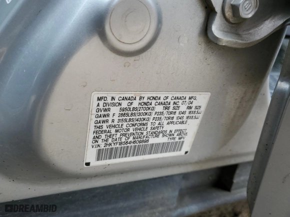 2004 Honda Pilot EX with VIN 2HKYF18564H609898, listed as a Copart auction lot 51265105 with 205,637 mi miles and Salvage Title. Bid and sale history available at carsss.com. Image 13.
