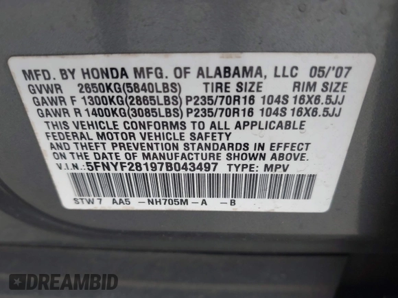 2007 Honda Pilot LX z VIN 5FNYF28197B043497, wystawiony jako IAAI lot #42174438 z przebiegiem 165 453 mil mil oraz . Historia ofert i sprzedaży dostępna na DreamBid. Obrazek 9.