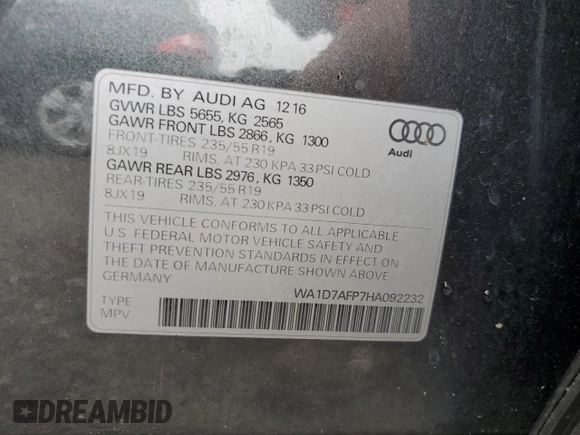 2017 Audi Q5 Premium Plus with VIN WA1D7AFP7HA092232, listed as a Copart auction lot 56381355 with 101,827 mi miles and Salvage title. Bid and sale history available at DreamBid. Image 13.