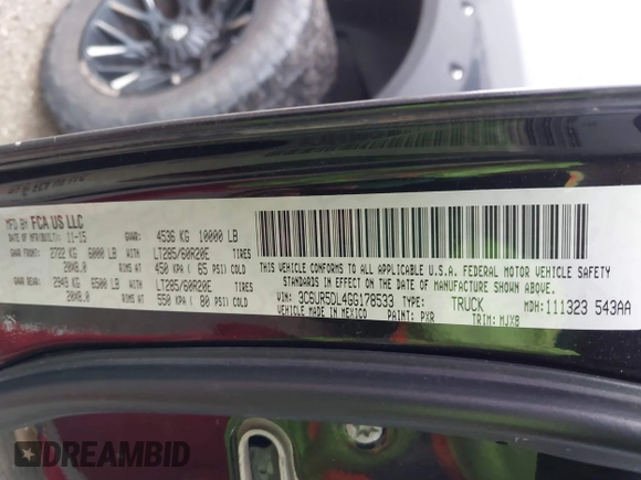 2016 Ram 2500 SLT with VIN 3C6UR5DL4GG178533, listed as a IAAI auction lot 42070280 with 175,574 mi miles. Bid and sale history available at carsss.com. Image 9.