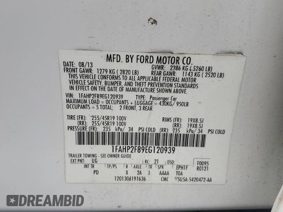 2014 Ford Taurus Limited с VIN 1FAHP2F89EG120939, выставлен на аукционе Copart как лот 59204815 с пробегом 180 105 миль миль и Списание • Salvage title. История ставок и продаж доступна на DreamBid. Изображение 13.