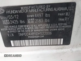 2013 Hyundai Sonata Limited with VIN 5NPEC4AB5DH522006, listed as a IAAI auction lot 41532895 with 189,161 mi miles and . Bid and sale history available at DreamBid. Image 9.