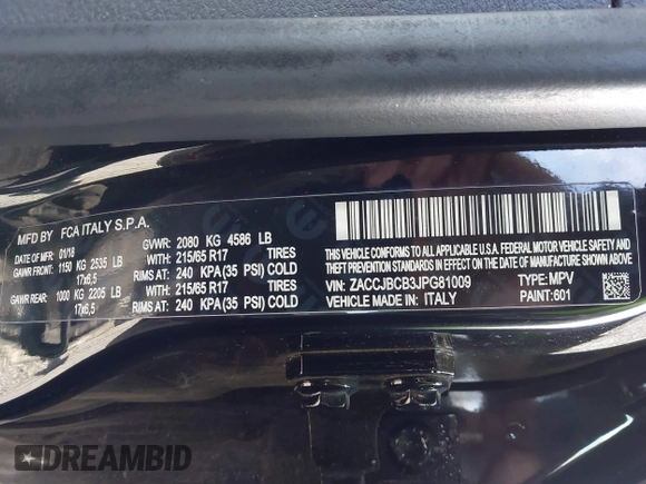 2018 Jeep Renegade Trailhawk with VIN ZACCJBCB3JPG81009, listed as a IAAI auction lot 41537095 with 91,506 mi miles. Bid and sale history available at carsss.com. Image 9.