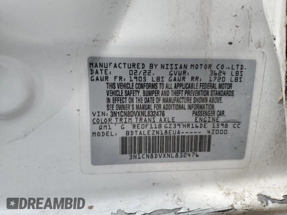 2022 Nissan Versa S with VIN 3N1CN8DVXNL832476, listed as a Copart auction lot 51307035 with 46,935 mi miles and Salvage title. Bid and sale history available at DreamBid. Image 12.