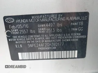 2016 Hyundai Sonata SE z VIN 5NPE24AF2GH392177, wystawiony jako IAAI lot #41956695 z przebiegiem 108 840 mil mil oraz . Historia ofert i sprzedaży dostępna na DreamBid. Obrazek 9.