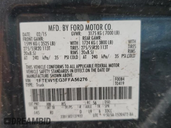 2015 Ford F-150 XLT with VIN 1FTEW1EG3FFA56276, listed as a Copart auction lot 58434115 with 200,208 mi miles and Salvage title. Bid and sale history available at DreamBid. Image 12.