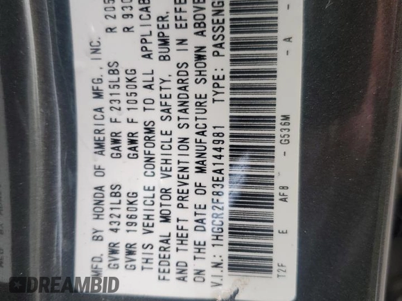 2014 Honda Accord Sedan EX-L with VIN 1HGCR2F83EA144981, listed as a Copart auction lot 53287035 with 85,809 mi miles and Salvage Title. Bid and sale history available at carsss.com. Image 13.