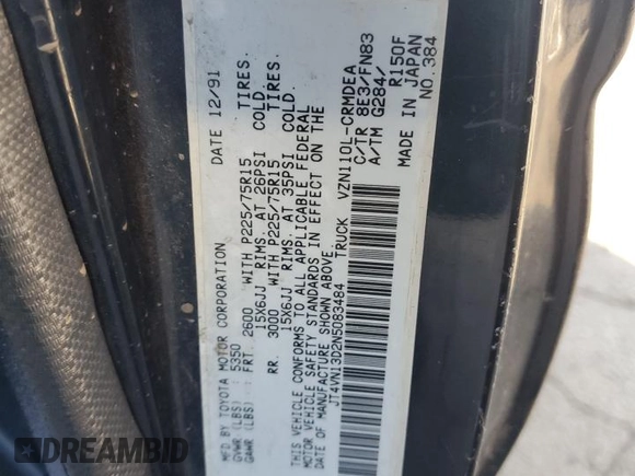 1992 Toyota Pickup DLX с VIN JT4VN13D2N5083484, выставлен на аукционе Copart как лот 44200945 с пробегом 271 613 миль миль и Списание • Salvage title. История ставок и продаж доступна на DreamBid. Изображение 12.