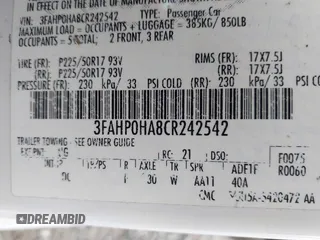 2012 Ford Fusion SE with VIN 3FAHP0HA8CR242542, listed as a IAAI auction lot 42419727 with 157,572 mi miles and . Bid and sale history available at DreamBid. Image 9.