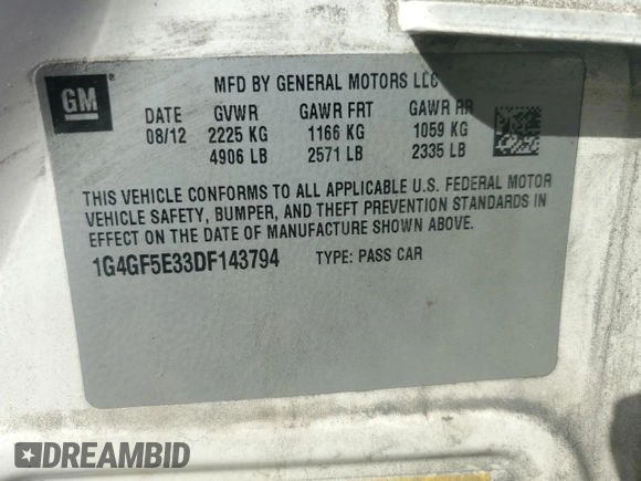 2013 Buick LaCrosse Premium 1 with VIN 1G4GF5E33DF143794, listed as a Copart auction lot 50185255 with 151,314 mi miles and Salvage title. Bid and sale history available at DreamBid. Image 13.