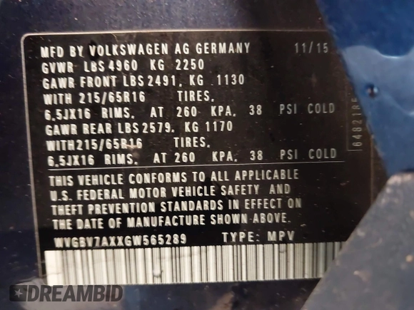 2016 Volkswagen Tiguan S with VIN WVGBV7AXXGW565289, listed as a IAAI auction lot 42113317 with 83,537 mi miles and . Bid and sale history available at DreamBid. Image 9.