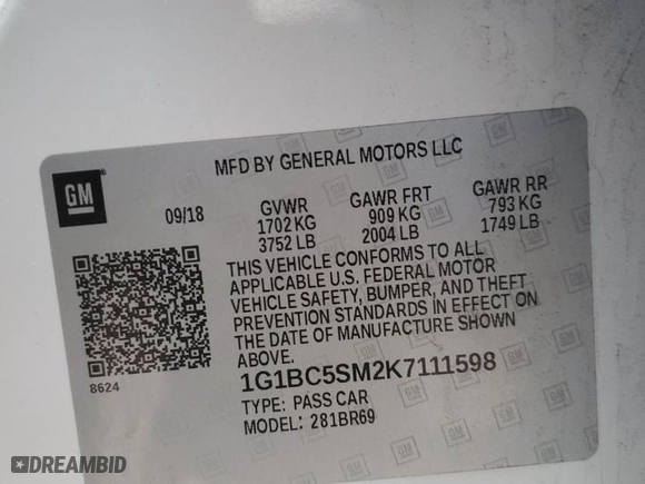 2019 Chevrolet Cruze LS with VIN 1G1BC5SM2K7111598, listed as a Copart auction lot 44156555 with 108,801 mi miles and Salvage Title. Bid and sale history available at carsss.com. Image 14.