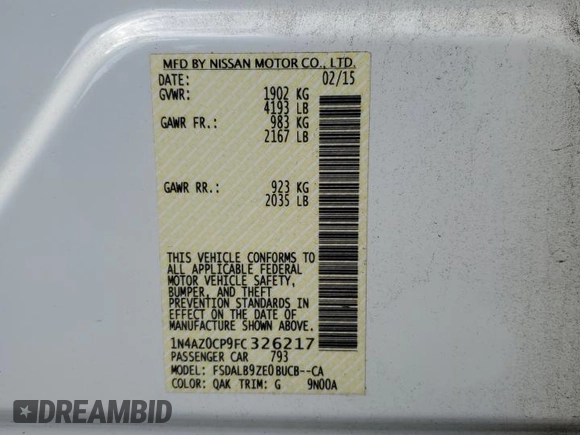 2015 Nissan LEAF SV with VIN 1N4AZ0CP9FC326217, listed as a Copart auction lot 73225843 with 49,163 mi miles and . Bid and sale history available at DreamBid. Image 12.