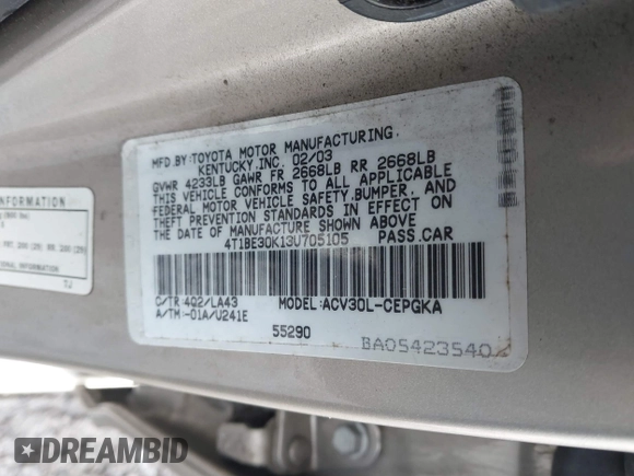 2003 Toyota Camry LE with VIN 4T1BE30K13U705105, listed as a IAAI auction lot 41696395 with 191,389 mi miles and . Bid and sale history available at DreamBid. Image 9.