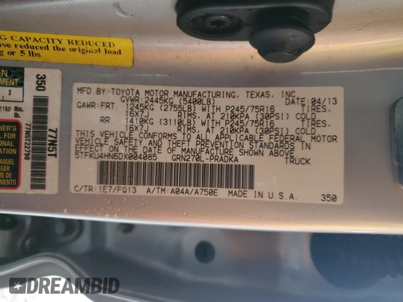 2013 Toyota Tacoma PreRunner with VIN 5TFKU4HN6DX004085, listed as a Copart auction lot 50563205 with 44,340 mi miles and Clean title. Bid and sale history available at DreamBid. Image 12.