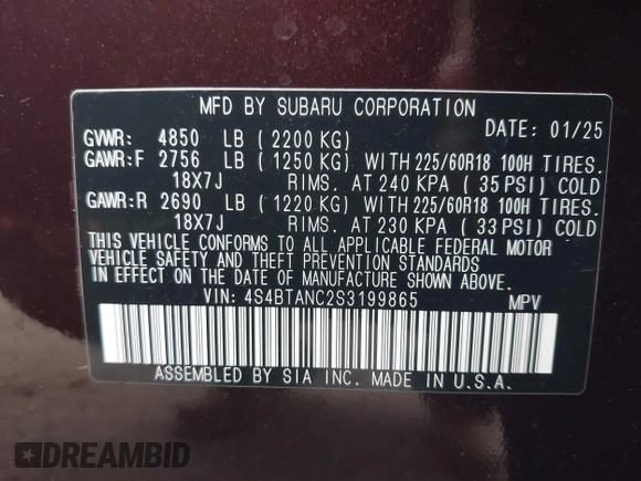 2025 Subaru Outback Limited z VIN 4S4BTANC2S3199865, wystawiony jako IAAI lot #42066365 z przebiegiem 1 016 mil mil oraz . Historia ofert i sprzedaży dostępna na DreamBid. Obrazek 9.
