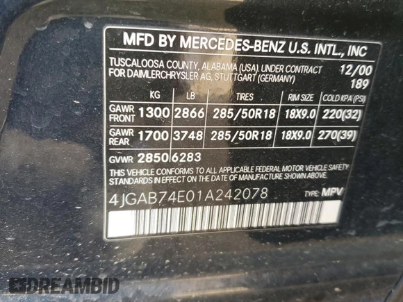2001 Mercedes-Benz M-Class AMG with VIN 4JGAB74E01A242078, listed as a Copart auction lot 64102894 with 144,519 mi miles and Salvage Title. Bid and sale history available at carsss.com. Image 14.
