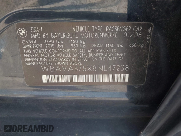 2008 BMW 3 Series 328i with VIN WBAVA375X8NL47238, listed as a IAAI auction lot 42029393 with 146,664 mi miles. Bid and sale history available at carsss.com. Image 9.