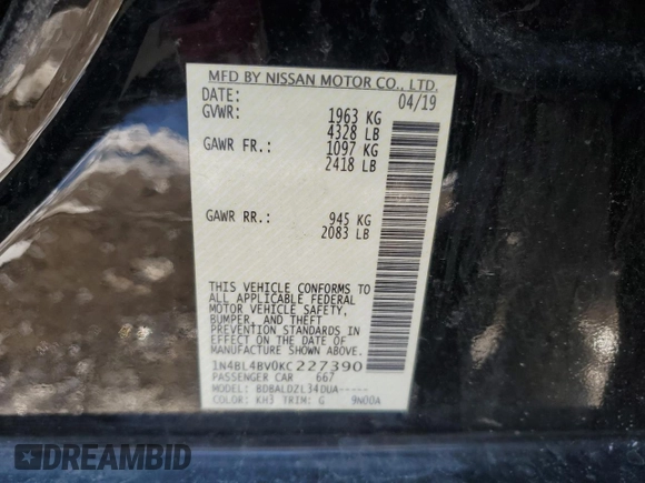 2019 Nissan Altima 2.5 S with VIN 1N4BL4BV0KC227390, listed as a Copart auction lot 45849175 with 0 mi miles and Salvage Title. Bid and sale history available at carsss.com. Image 14.