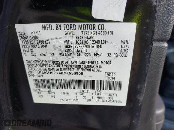 2012 Ford Escape XLT с VIN 1FMCU9DG4CKA36906, выставлен на аукционе IAAI как лот 42257795 с пробегом 243 757 миль миль и . История ставок и продаж доступна на DreamBid. Изображение 9.