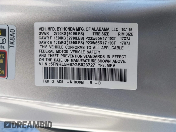 2016 Honda Odyssey EX-L with VIN 5FNRL5H67GB023727, listed as a IAAI auction lot 41673026 with Not Provided miles. Bid and sale history available at carsss.com. Image 9.