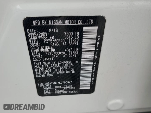 2019 Nissan Armada Platinum with VIN JN8AY2NEXK9755947, listed as a Copart auction lot 43970665 with 94,094 mi miles and Salvage Title. Bid and sale history available at carsss.com. Image 13.