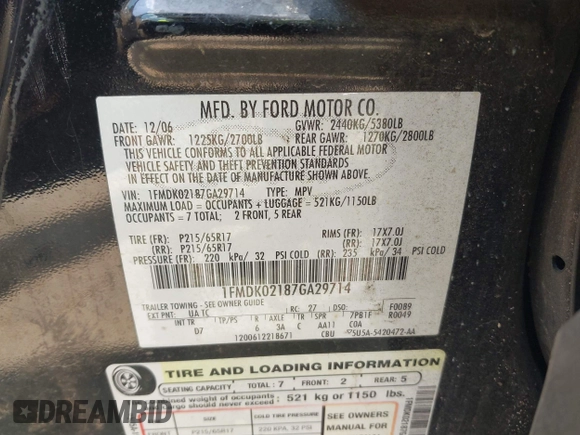 2007 Ford Freestyle SEL z VIN 1FMDK02187GA29714, wystawiony jako IAAI lot #42413584 z przebiegiem Nie podano mil oraz . Historia ofert i sprzedaży dostępna na DreamBid. Obrazek 9.
