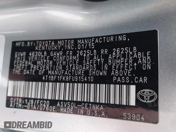 2015 Toyota Camry XLE with VIN 4T1BF1FK8FU915410, listed as a IAAI auction lot 41953451 with 145,924 mi miles and . Bid and sale history available at DreamBid. Image 9.